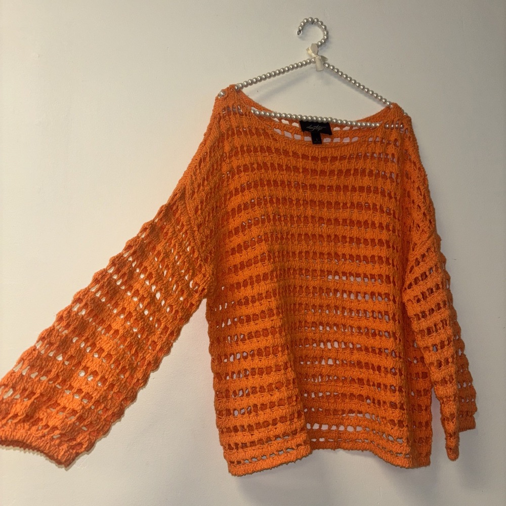 Day Trip Sweater Sz Sm Orange y2k Knit Crochet Ballon Sleeve Winter Fall Layerin - Picture 3 of 8